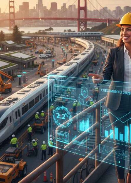 Emprendedores latinos en California supervisando un proyecto de infraestructura moderna, sector que proyecta un crecimiento del 2.2% para 2026.