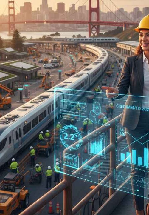 Emprendedores latinos en California supervisando un proyecto de infraestructura moderna, sector que proyecta un crecimiento del 2.2% para 2026.