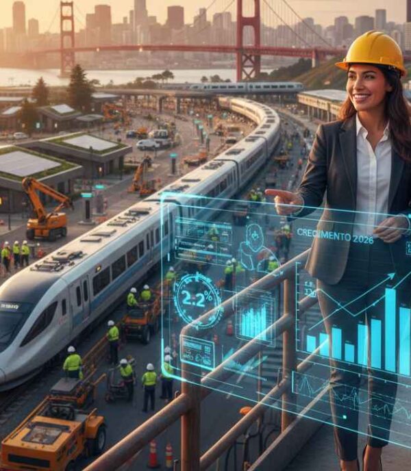 Emprendedores latinos en California supervisando un proyecto de infraestructura moderna, sector que proyecta un crecimiento del 2.2% para 2026.