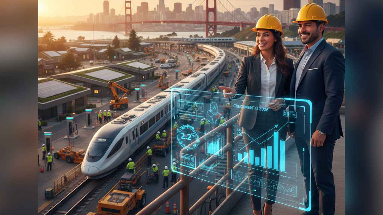 Emprendedores latinos en California supervisando un proyecto de infraestructura moderna, sector que proyecta un crecimiento del 2.2% para 2026.