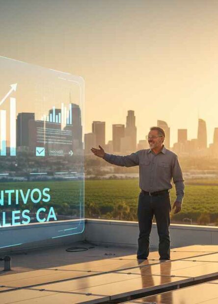 Pequeño empresario latino en California inspeccionando paneles solares, un sector donde la participación hispana es creciente y clave para la transición energética.