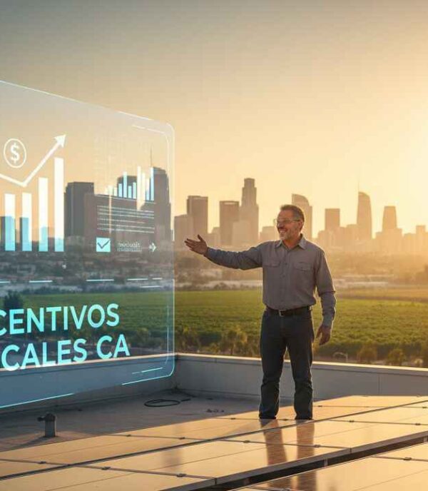 Pequeño empresario latino en California inspeccionando paneles solares, un sector donde la participación hispana es creciente y clave para la transición energética.