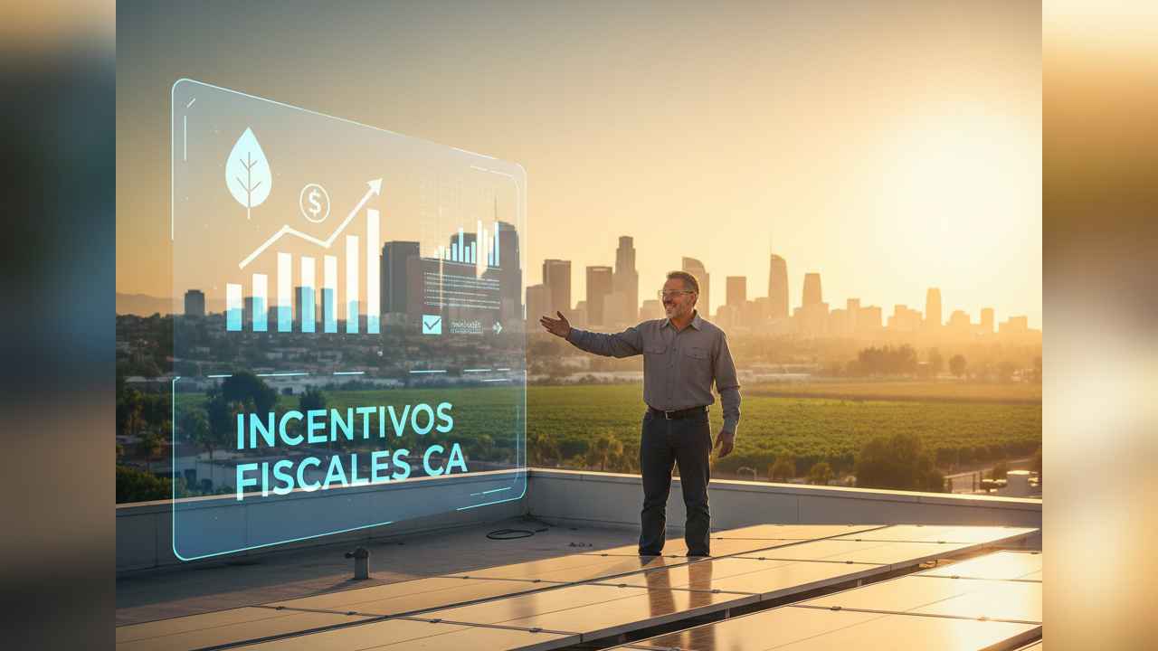 Pequeño empresario latino en California inspeccionando paneles solares, un sector donde la participación hispana es creciente y clave para la transición energética.