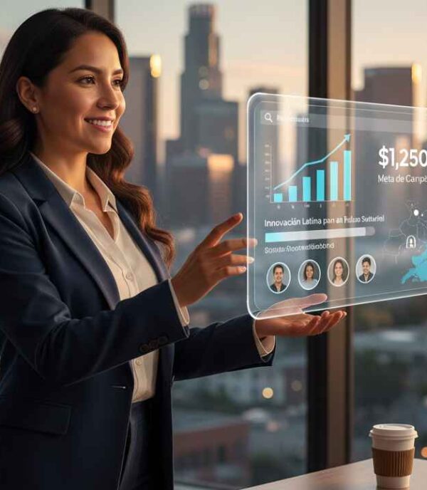 Emprendedora latina presentando su proyecto digital en una plataforma de financiamiento colectivo, conectando con inversores que comparten su visión cultural.