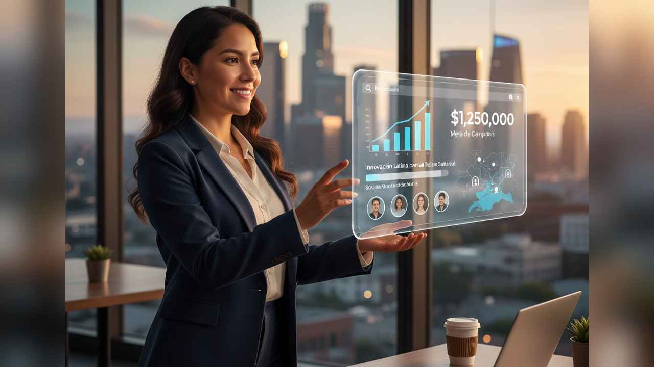 Emprendedora latina presentando su proyecto digital en una plataforma de financiamiento colectivo, conectando con inversores que comparten su visión cultural.