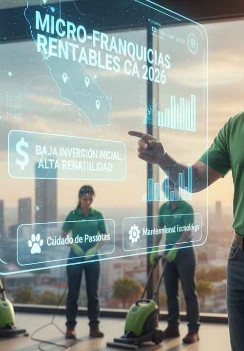 Emprendedor latino operando un negocio de micro-franquicia de limpieza especializada en California, un modelo de inversión accesible y de crecimiento constante.
