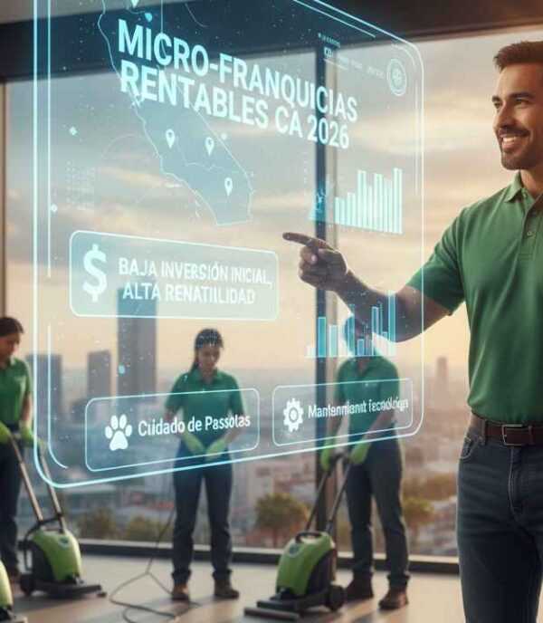 Emprendedor latino operando un negocio de micro-franquicia de limpieza especializada en California, un modelo de inversión accesible y de crecimiento constante.