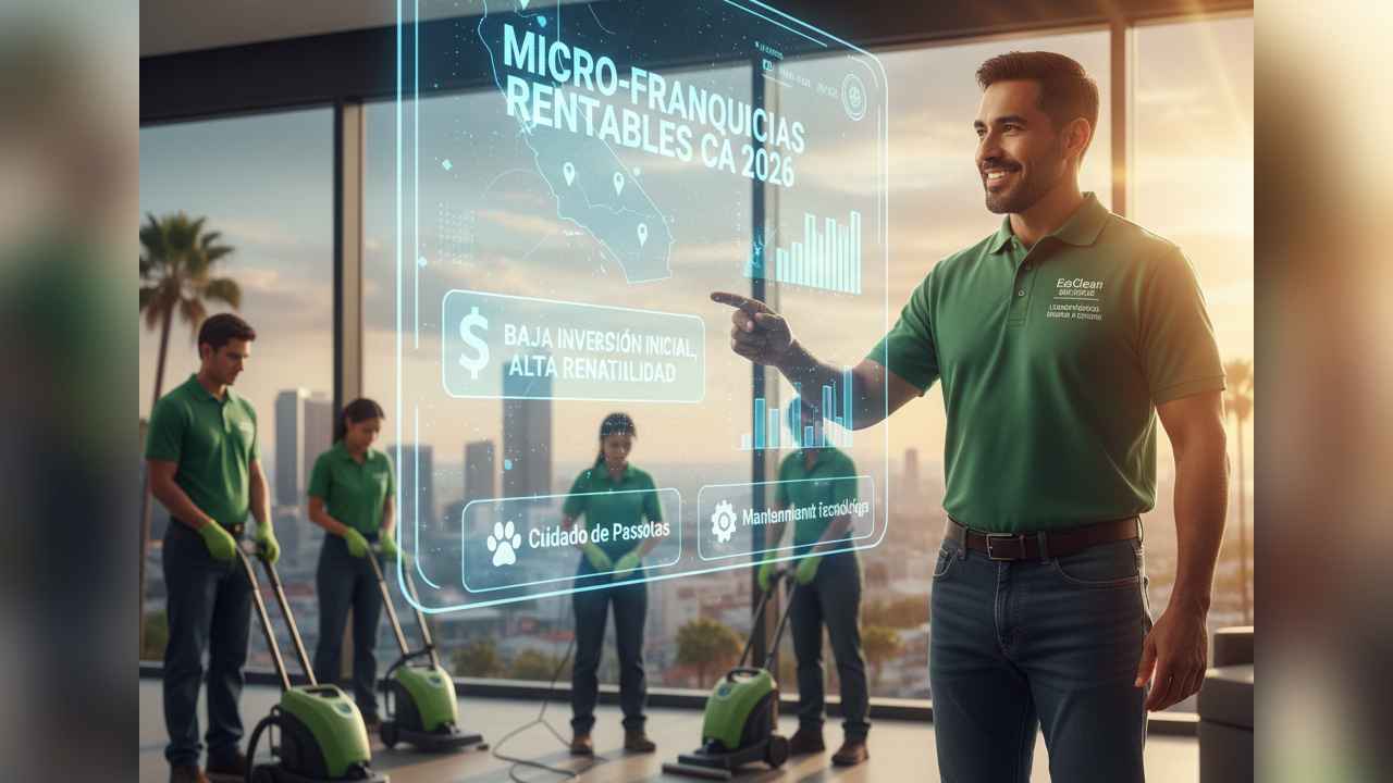 Emprendedor latino operando un negocio de micro-franquicia de limpieza especializada en California, un modelo de inversión accesible y de crecimiento constante.